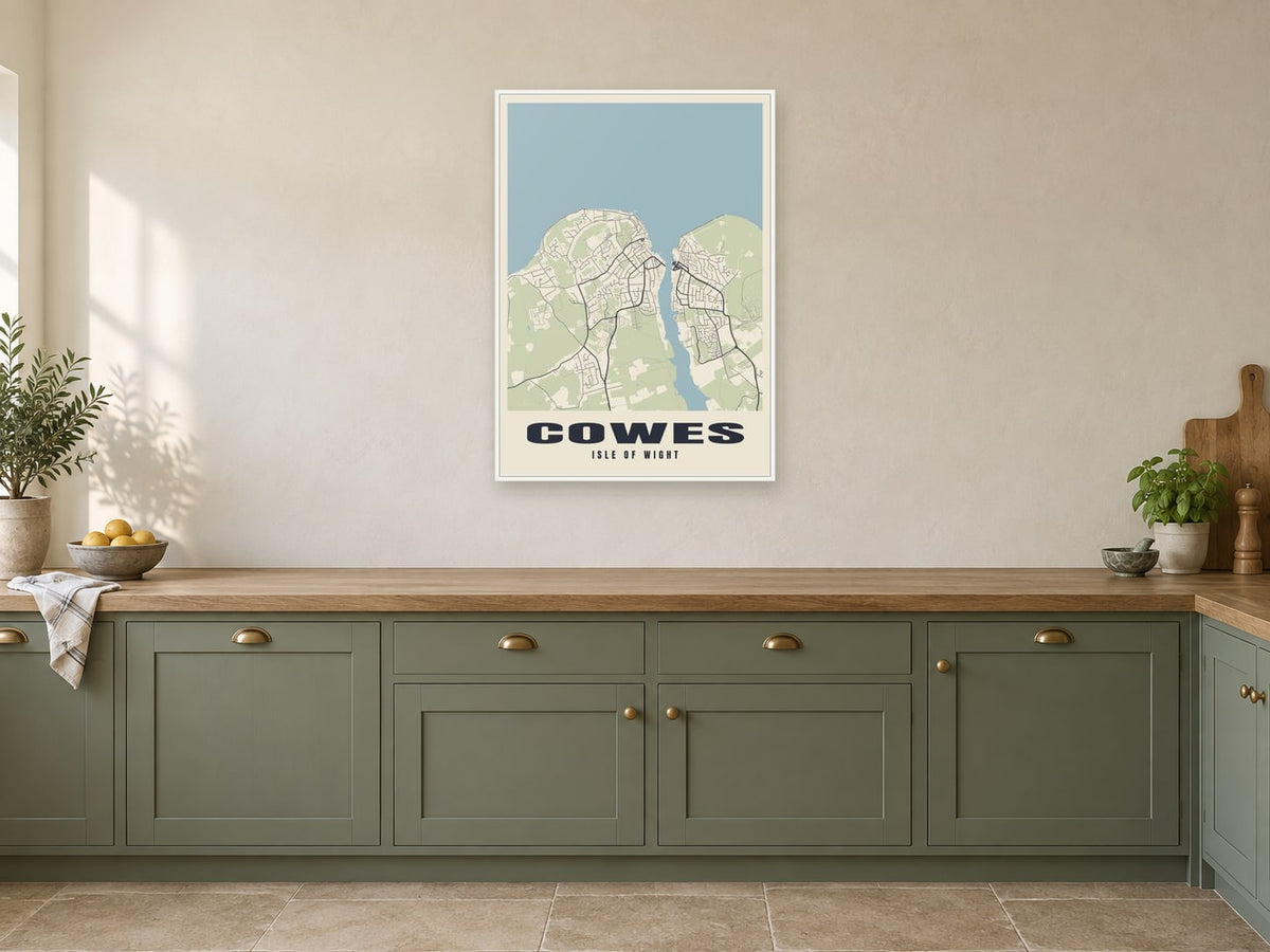 Cowes Street Map Poster at A1, in a white frame, in a kitchen