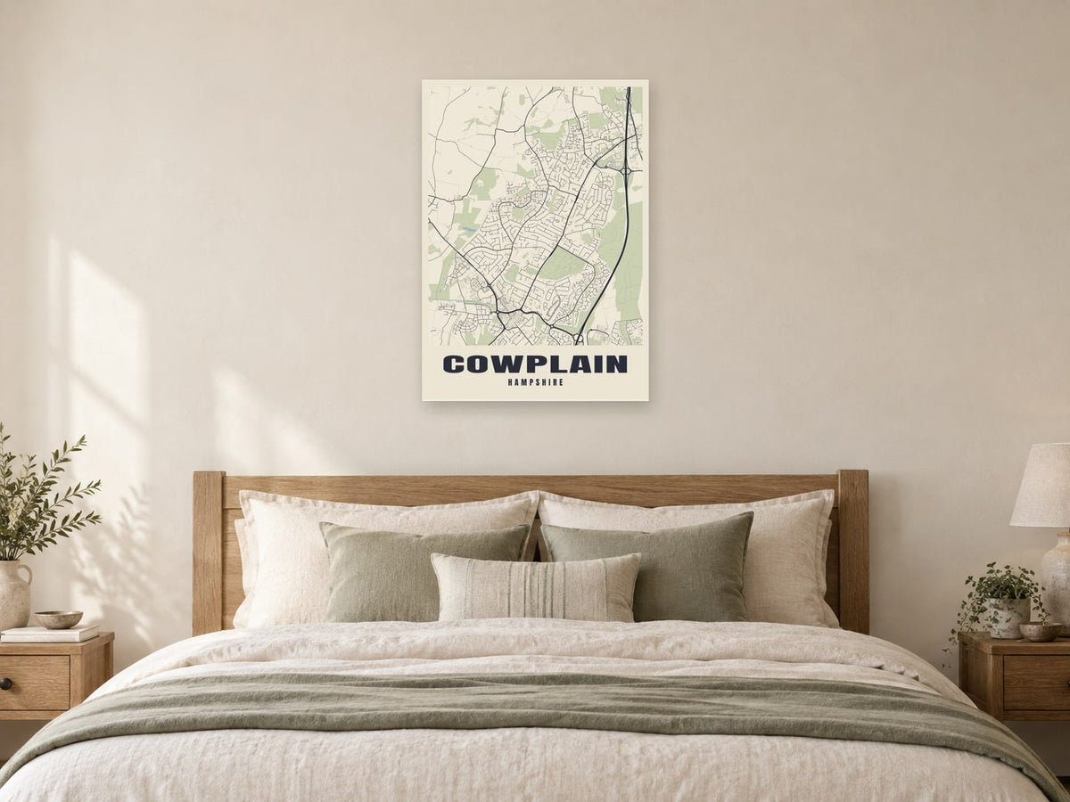 Cowplain Street Map Poster at A1, as a poster, above a bed
