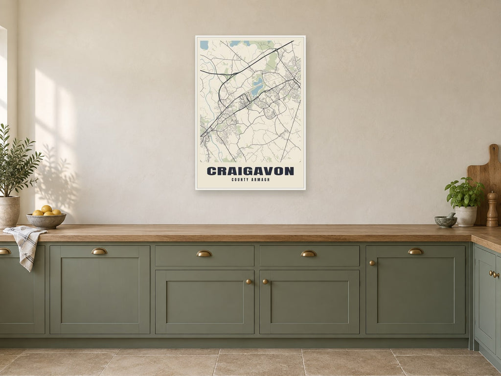 Craigavon Street Map Poster at A1, in a white frame, in a kitchen