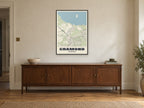 Cramond Street Map Poster at A1, in a black frame, above a sideboard