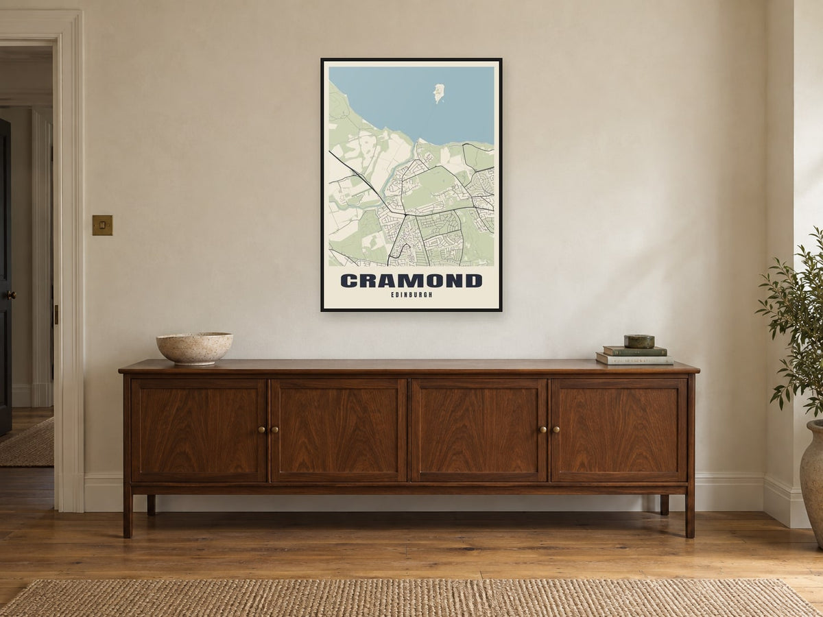 Cramond Street Map Poster at A1, in a black frame, above a sideboard
