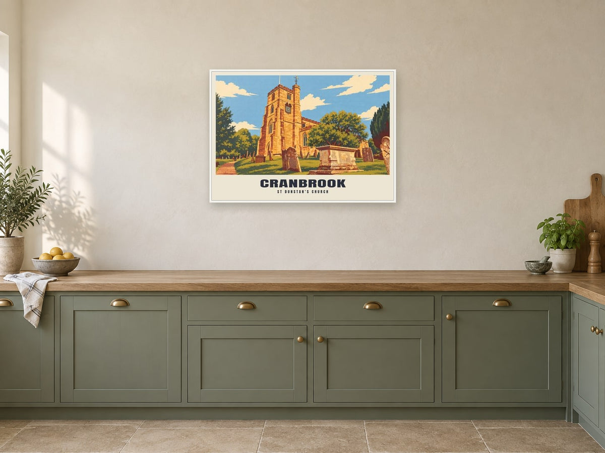 St Dunstan’s Church, Cranbrook Poster at A1, in a white frame, in a kitchen