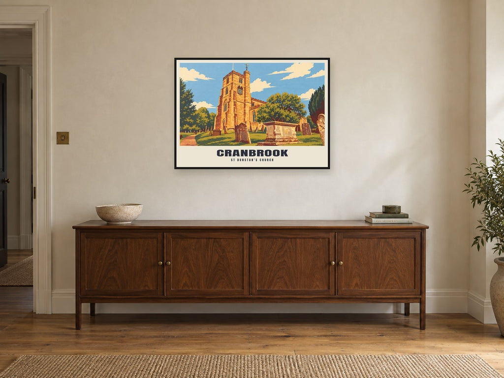 St Dunstan’s Church, Cranbrook Poster at A1, in a black frame, above a sideboard