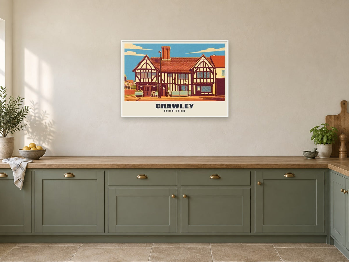 Ancient Priors, Crawley Poster at A1, in a white frame, in a kitchen
