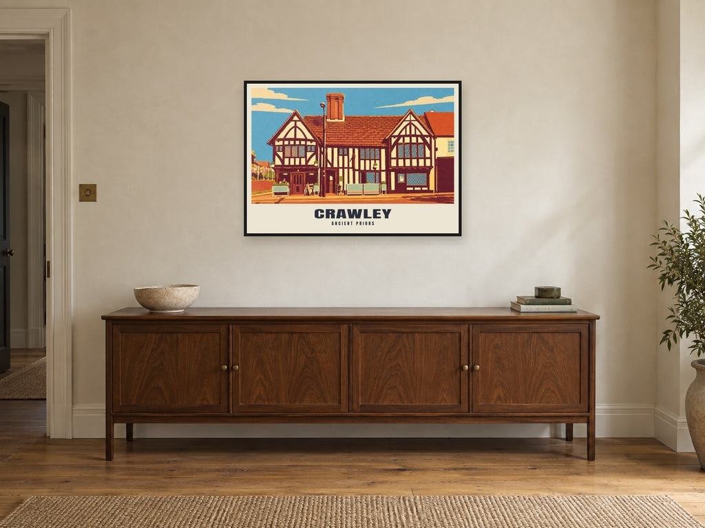 Ancient Priors, Crawley Poster at A1, in a black frame, above a sideboard