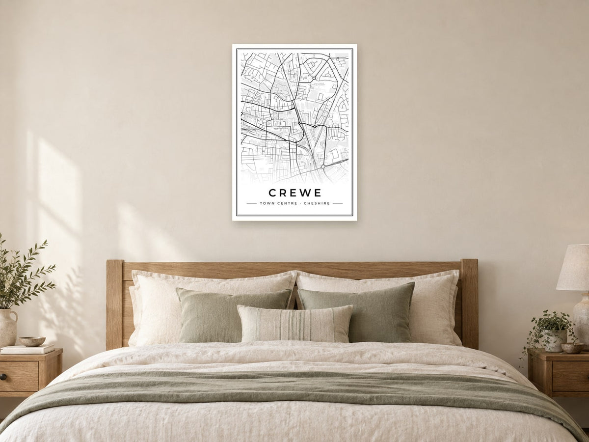 Crewe Town Centre Street Map Poster at A1, as a poster, above a bed