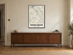 Cricklewood Heritage Street Map Poster at A1, in a black frame, above a sideboard