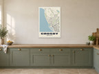 Crosby Street Map Poster at A1, in a white frame, in a kitchen