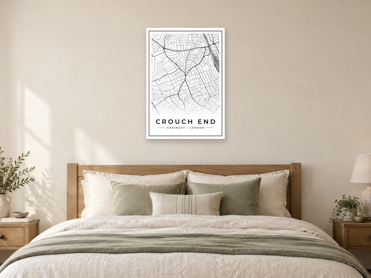 Crouch End Street Map Poster at A1, as a poster, above a bed