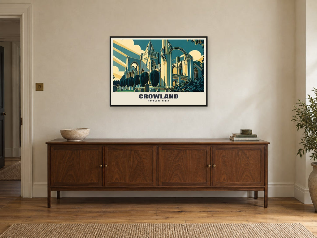 Crowland Abbey Poster at A1, in a black frame, above a sideboard