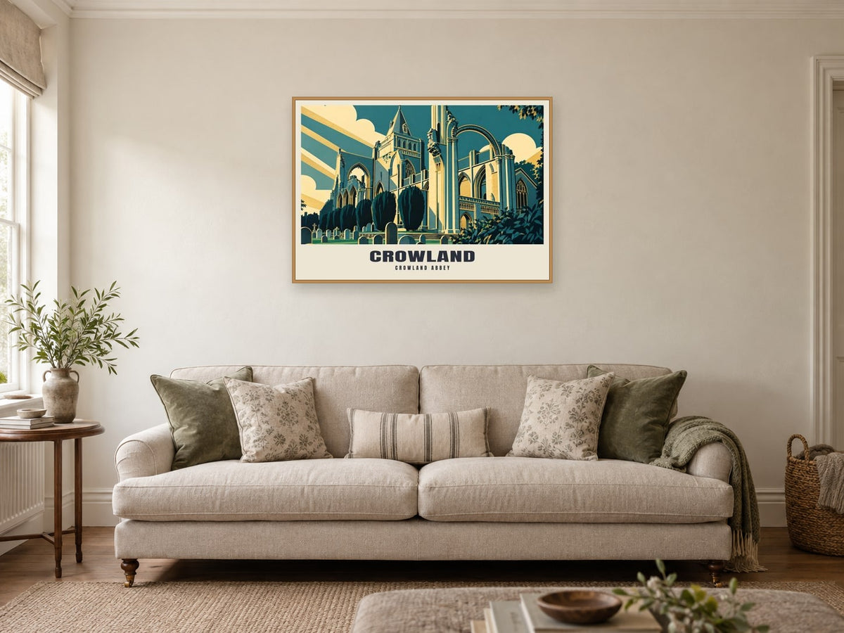 Crowland Abbey Poster at A1, in a natural wood frame, in a sitting room