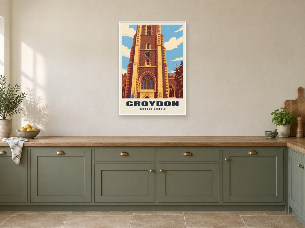 Croydon Minster Poster at A1, in a white frame, in a kitchen