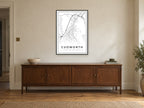 Cudworth Village Centre Street Map Poster at A1, in a black frame, above a sideboard