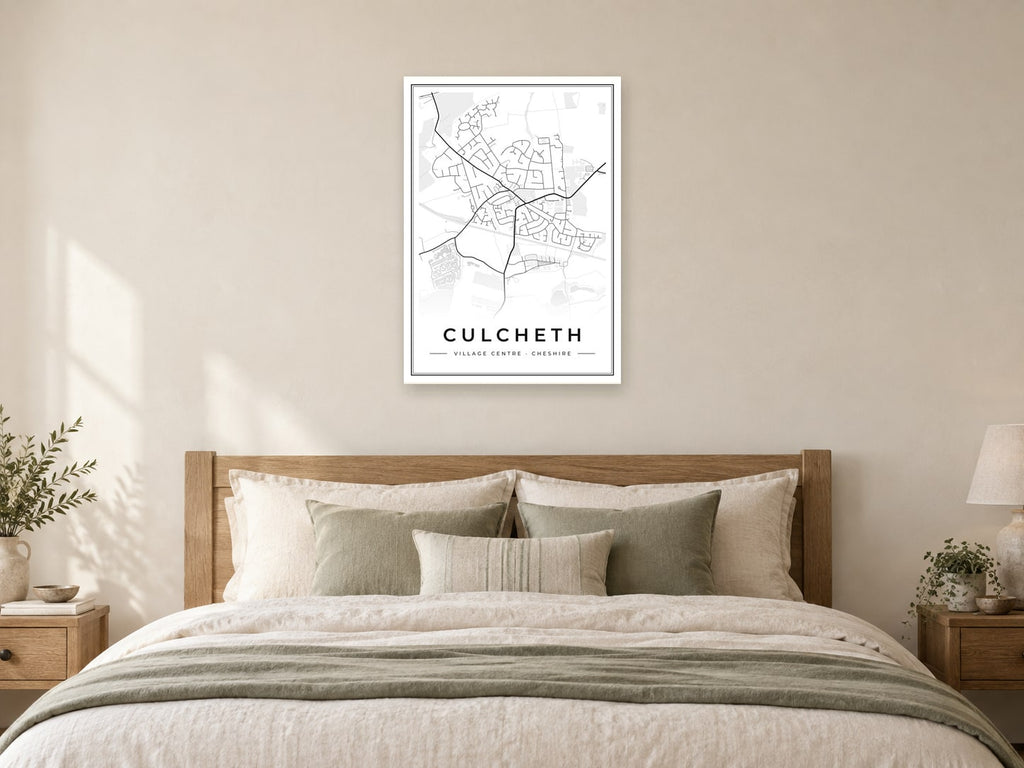Culcheth Village Centre Street Map Poster at A1, as a poster, above a bed