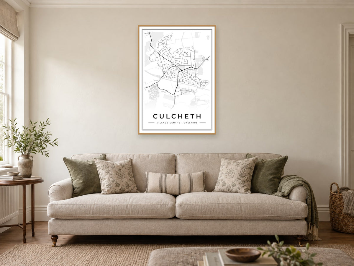 Culcheth Village Centre Street Map Poster at A1, in a natural wood frame, in a sitting room
