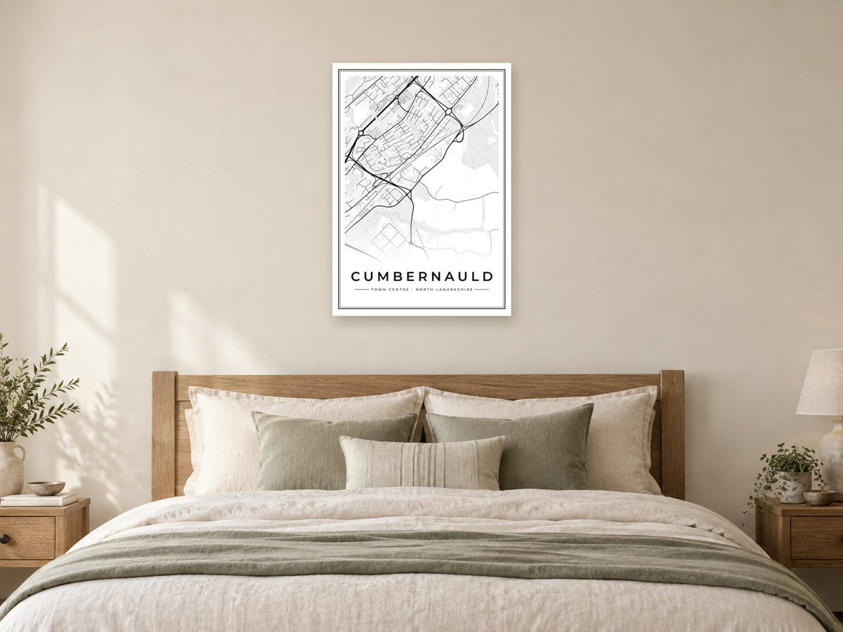 Cumbernauld Town Centre Street Map Poster at A1, as a poster, above a bed
