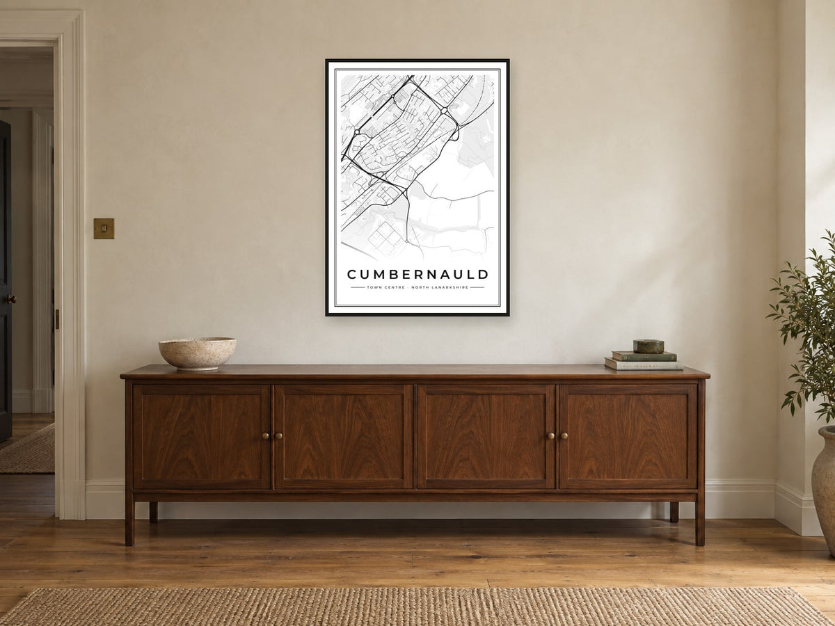 Cumbernauld Town Centre Street Map Poster at A1, in a black frame, above a sideboard