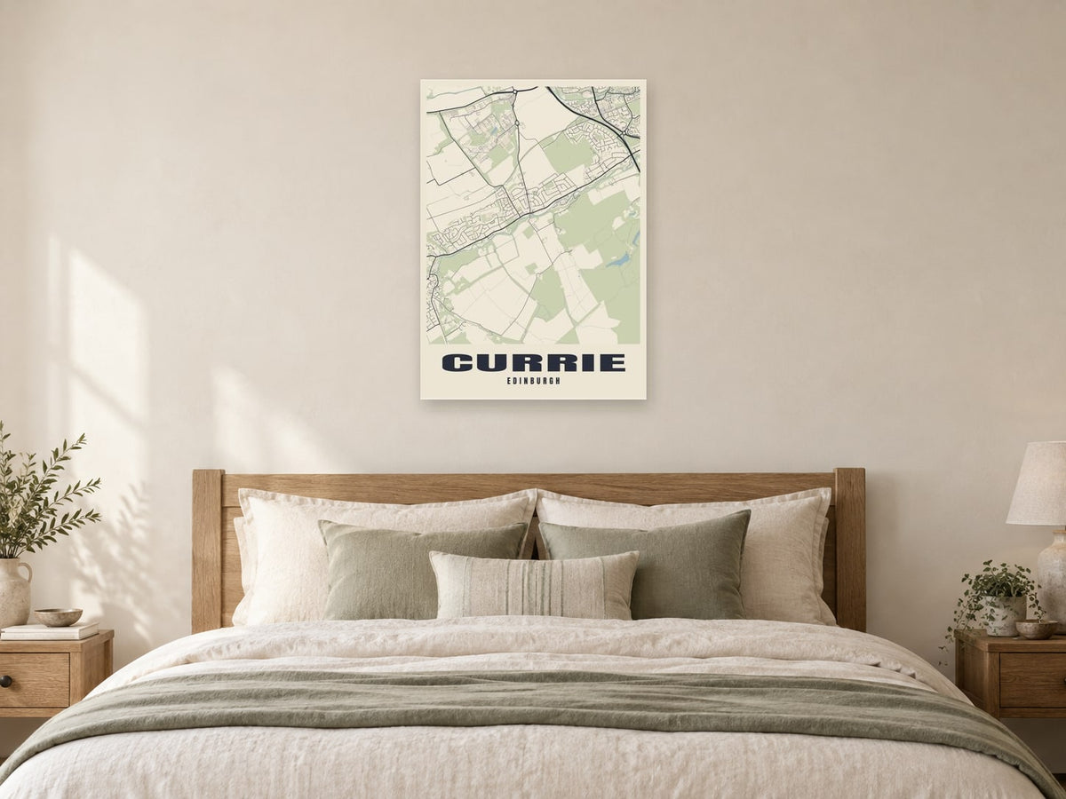 Currie Street Map Poster at A1, as a poster, above a bed