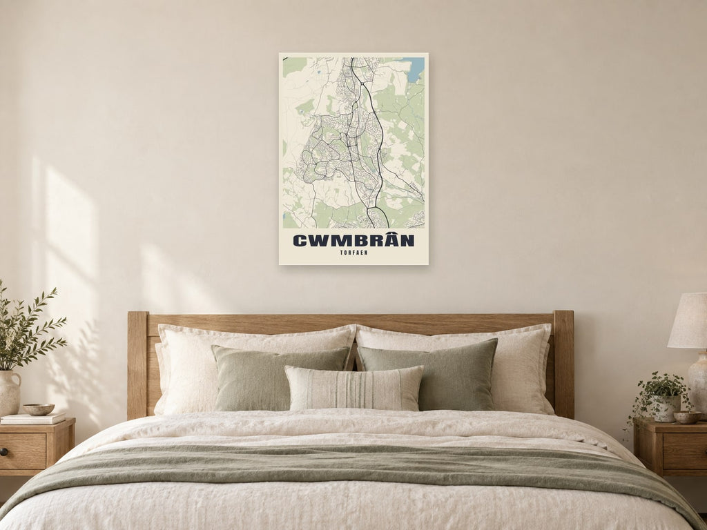 Cwmbrân Street Map Poster at A1, as a poster, above a bed