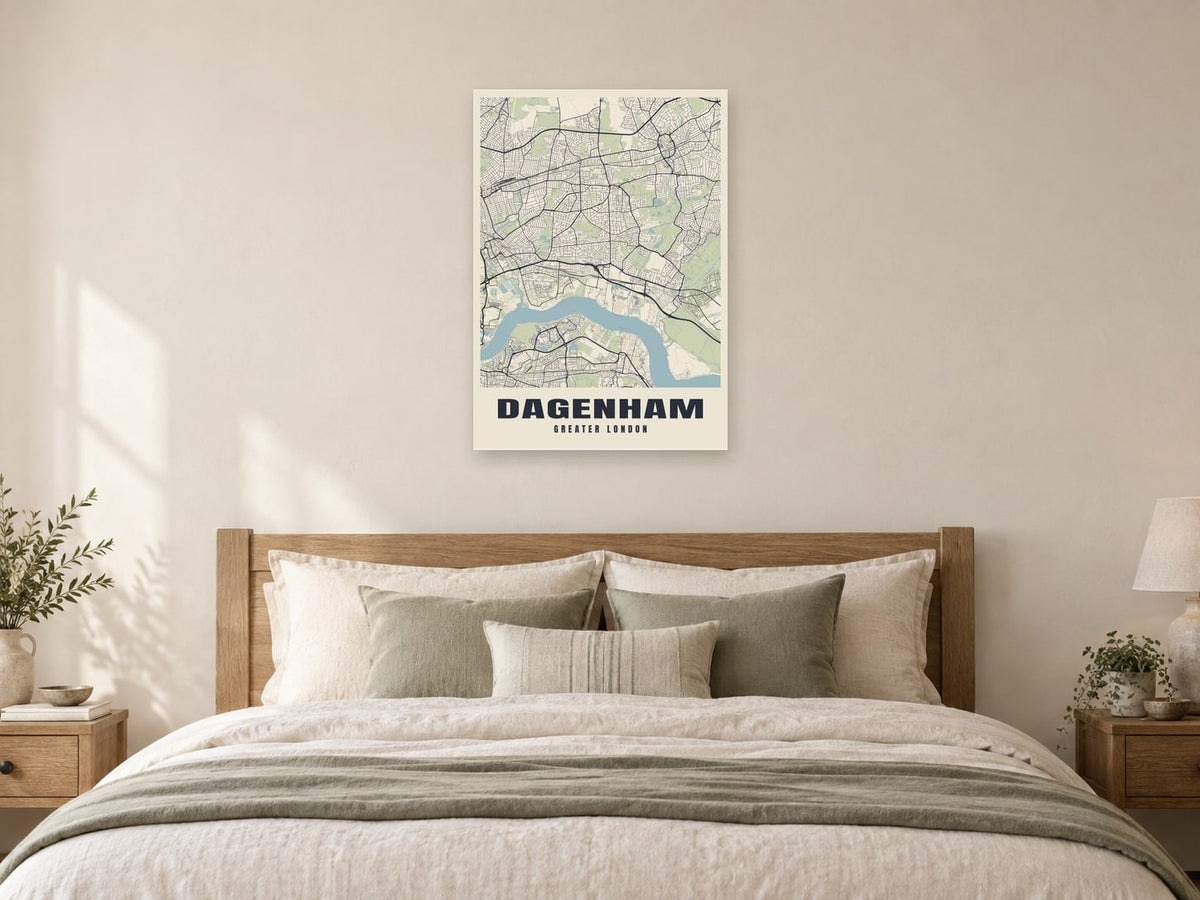 Dagenham Street Map Poster at A1, as a poster, above a bed