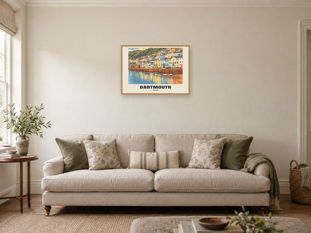 Dartmouth named Retro Railway print at A2, in a natural wood frame, in a sitting room