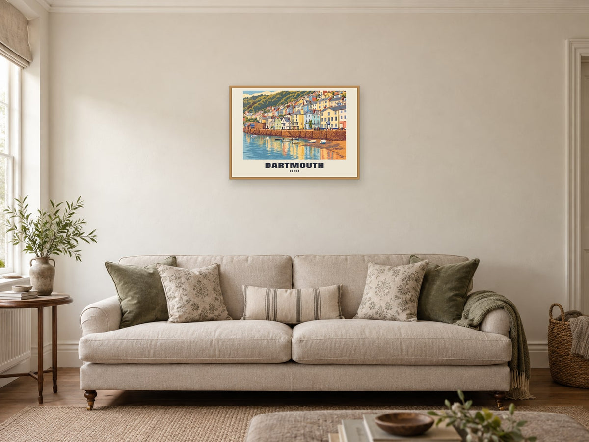 Dartmouth named Retro Railway print at A2, in a natural wood frame, in a sitting room
