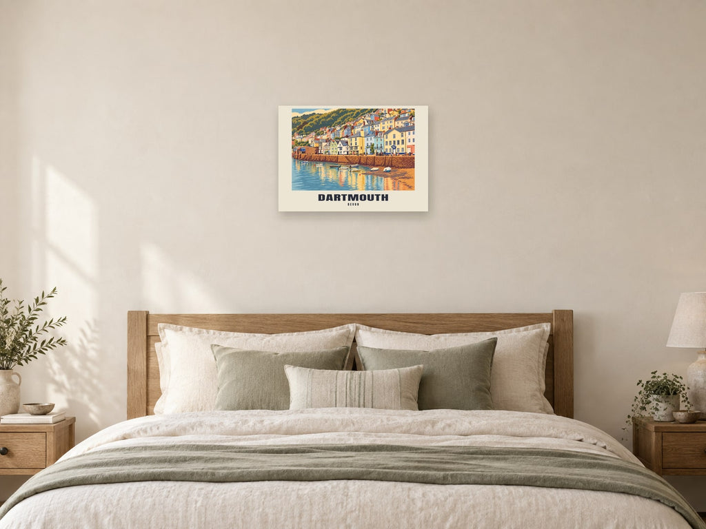 Dartmouth named Retro Railway print at A2, as a poster, above a bed