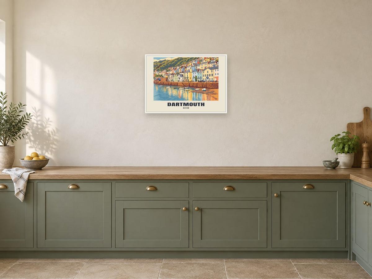 Dartmouth named Retro Railway print at A2, in a white frame, in a kitchen