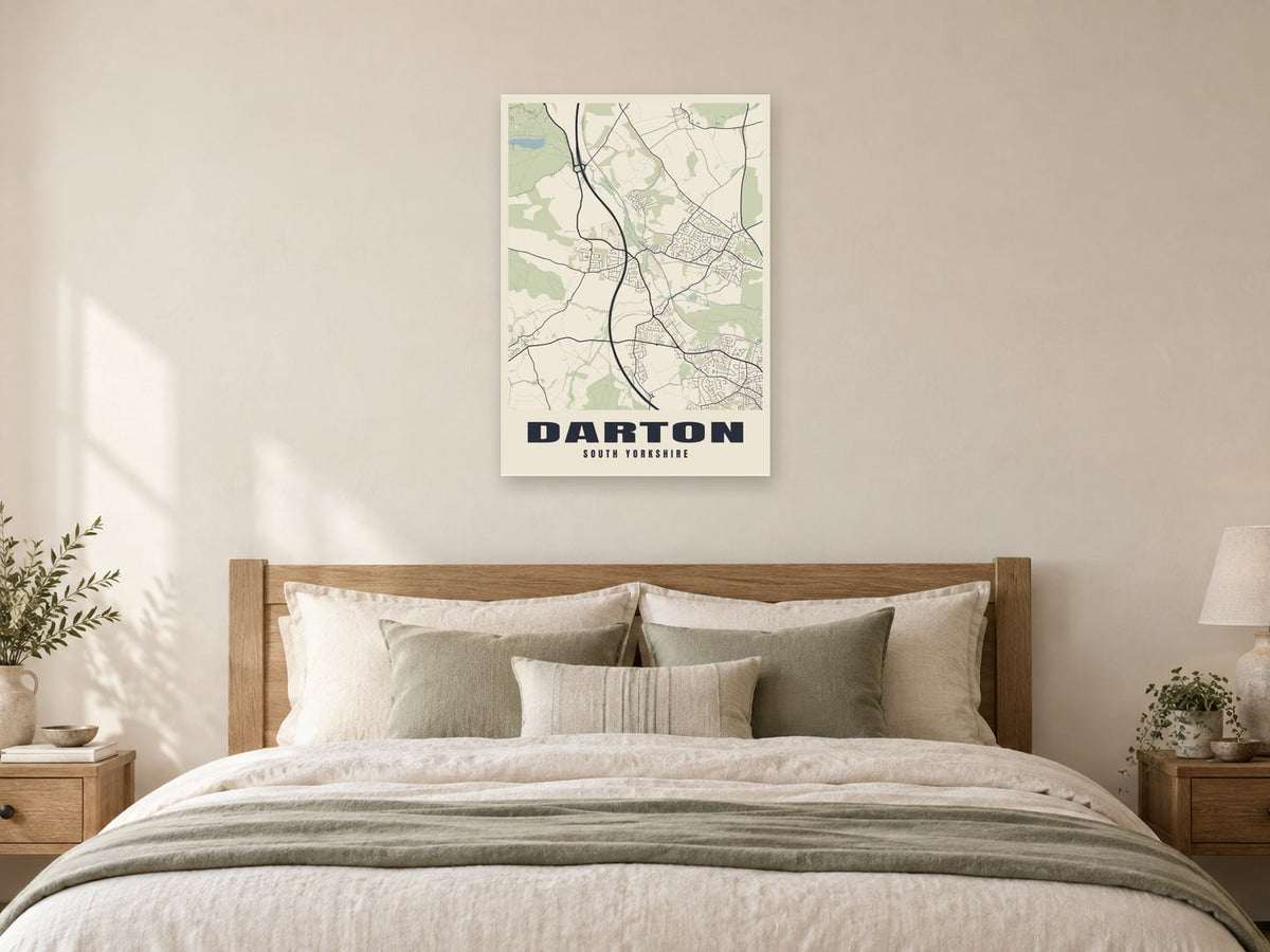 Darton Street Map Poster at A1, as a poster, above a bed
