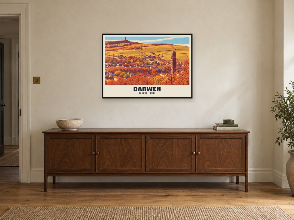 Darwen Tower Poster at A1, in a black frame, above a sideboard