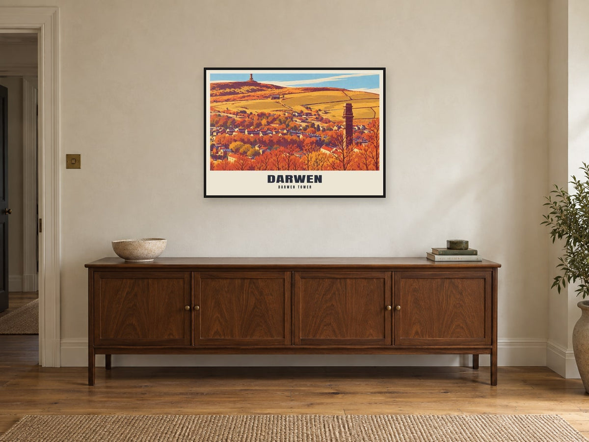 Darwen Tower Poster at A1, in a black frame, above a sideboard