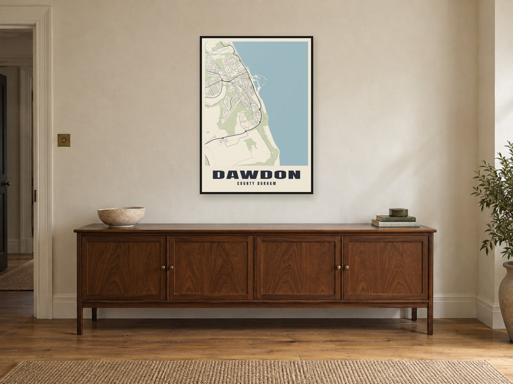 Dawdon Street Map Poster at A1, in a black frame, above a sideboard