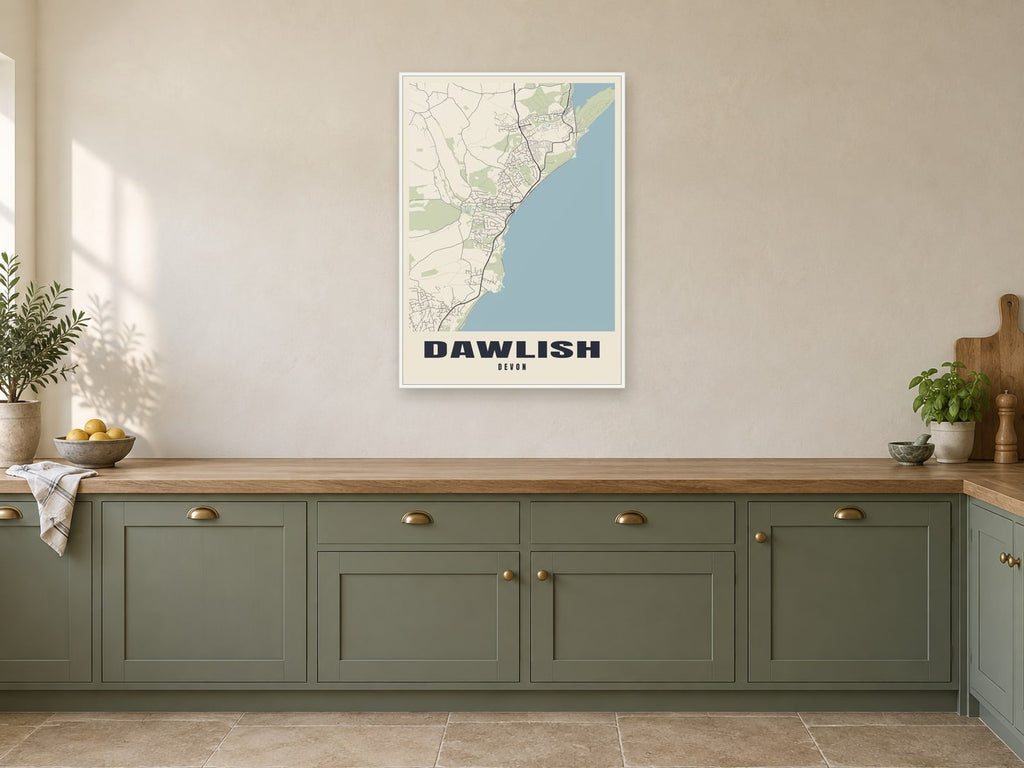 Dawlish Street Map Poster at A1, in a white frame, in a kitchen
