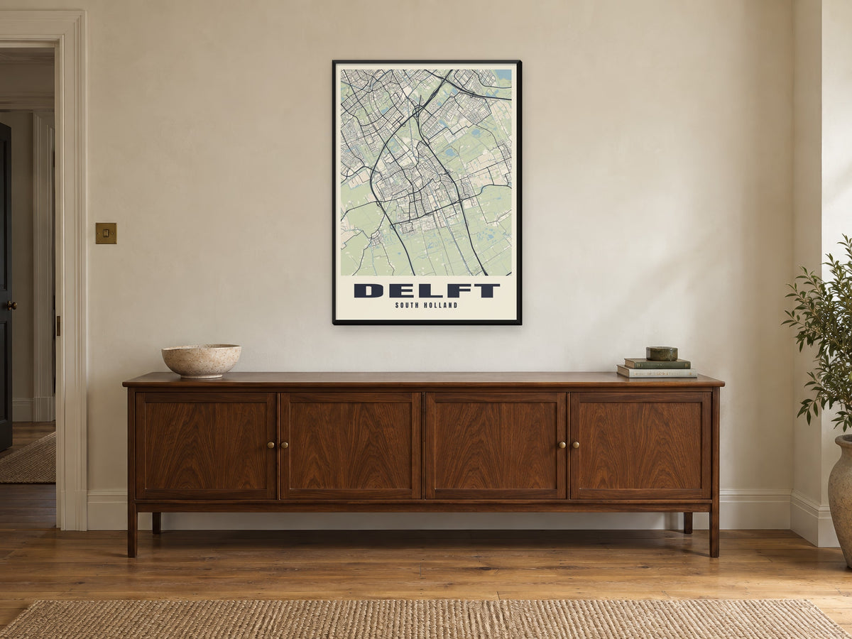 Delft Street Map Poster at A1, in a black frame, above a sideboard