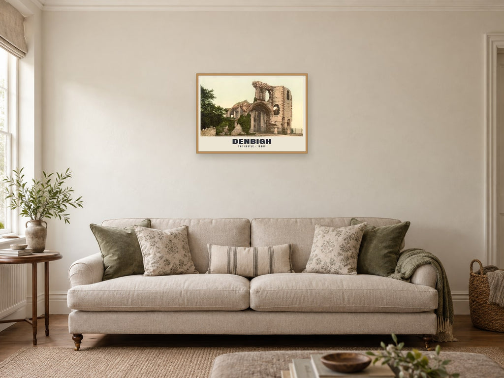 The Castle, Denbigh, 1890s Heritage Print at A2, in a natural wood frame, in a sitting room