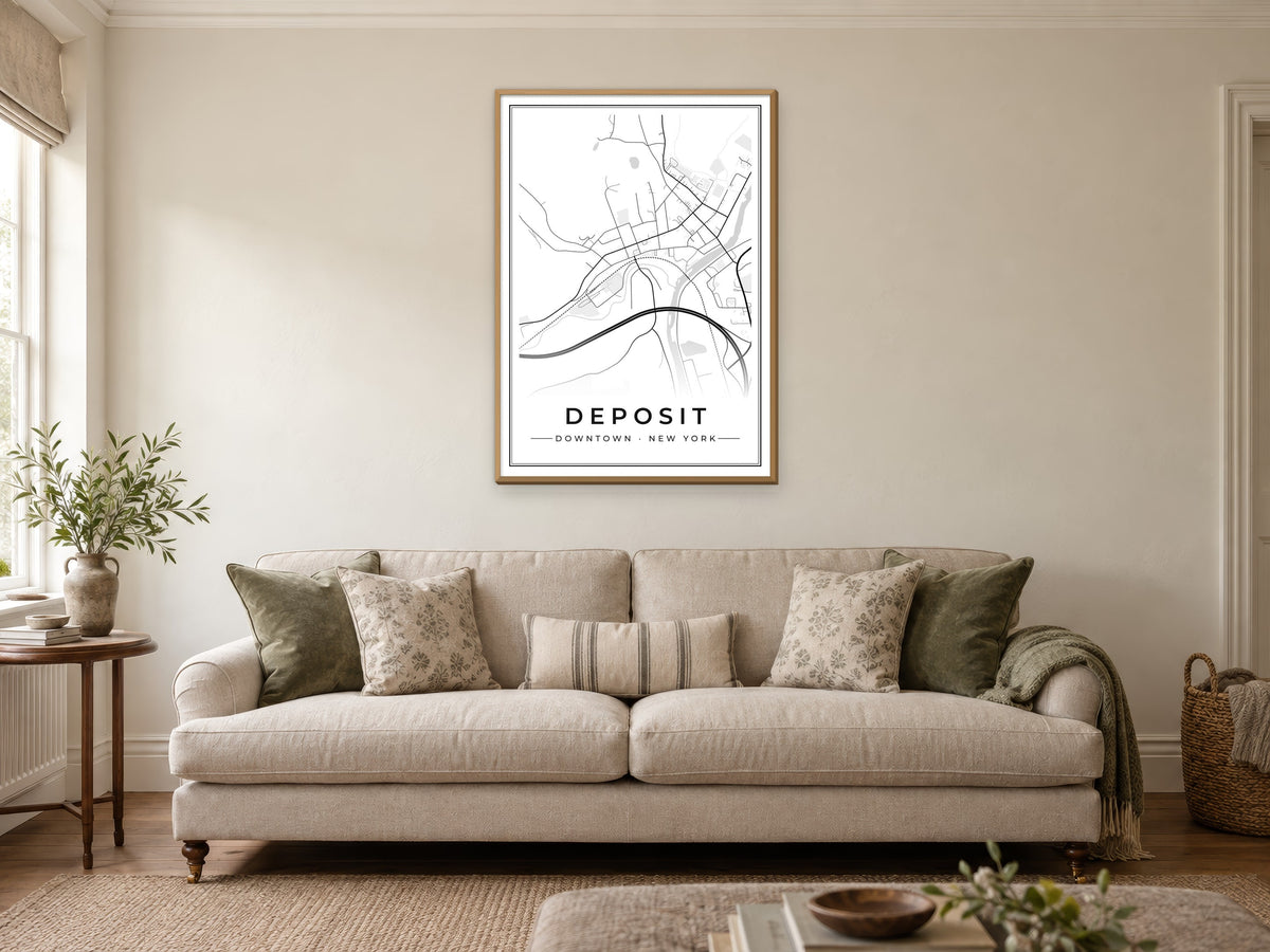 Deposit Downtown Street Map Poster at A1, in a natural wood frame, in a sitting room