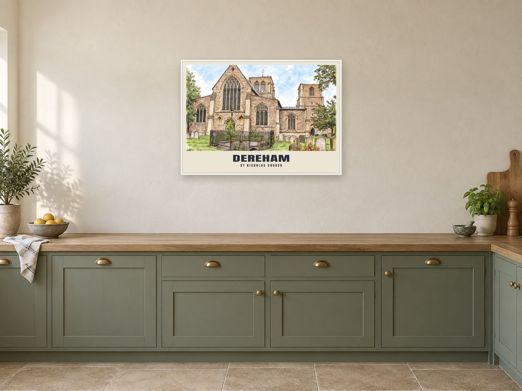 St Nicholas Church, Dereham Poster at A1, in a white frame, in a kitchen