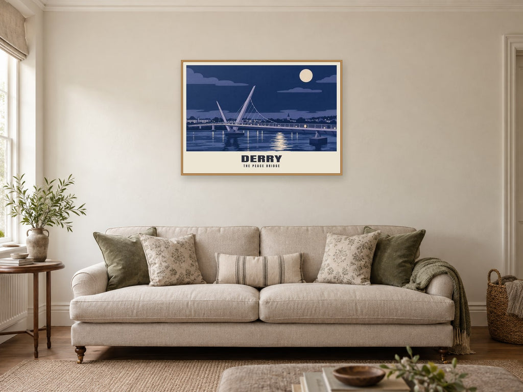 The Peace Bridge, Derry Poster at A1, in a natural wood frame, in a sitting room