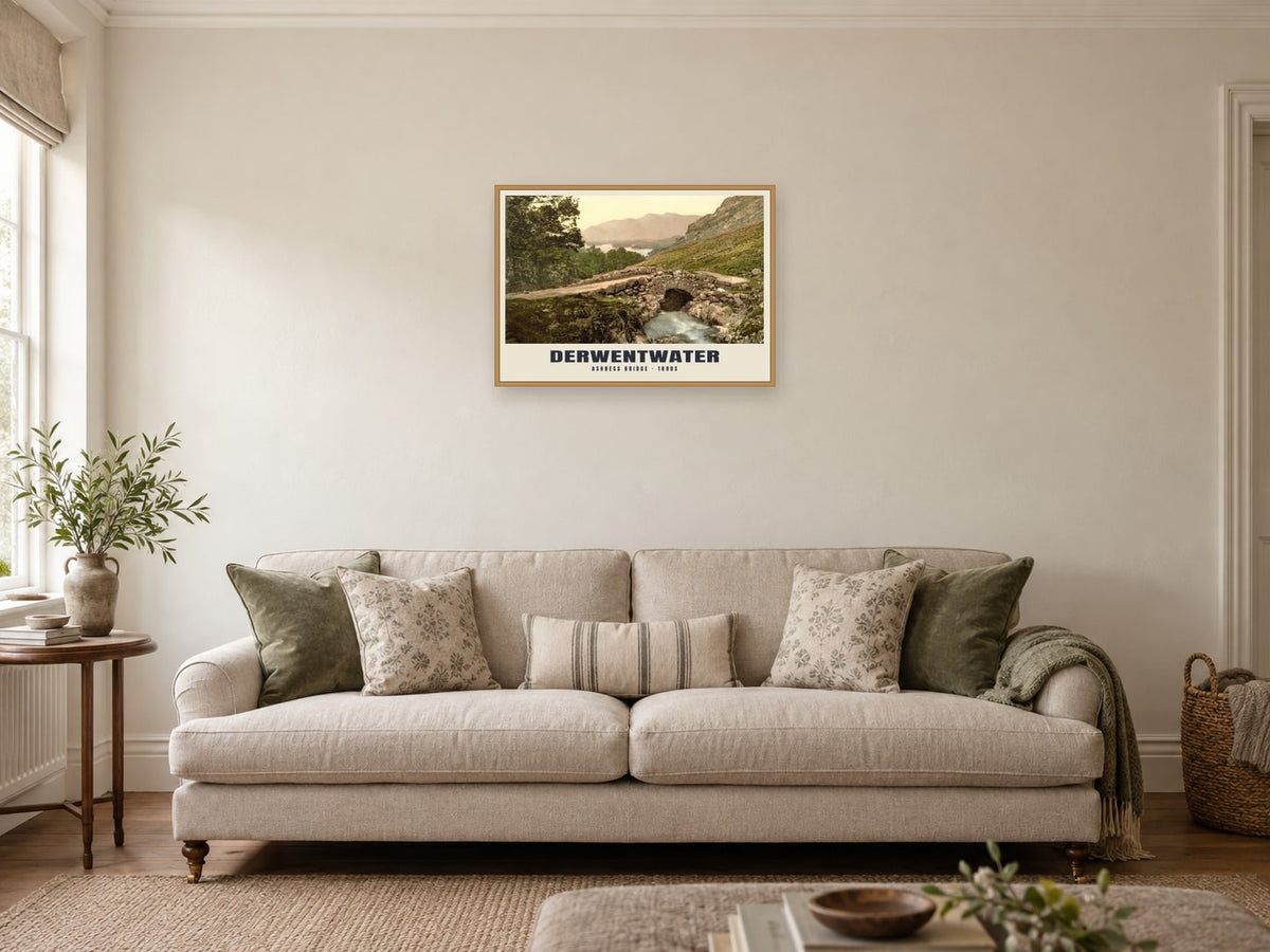 Ashness Bridge, Derwentwater, 1890s Heritage Print at A2, in a natural wood frame, in a sitting room