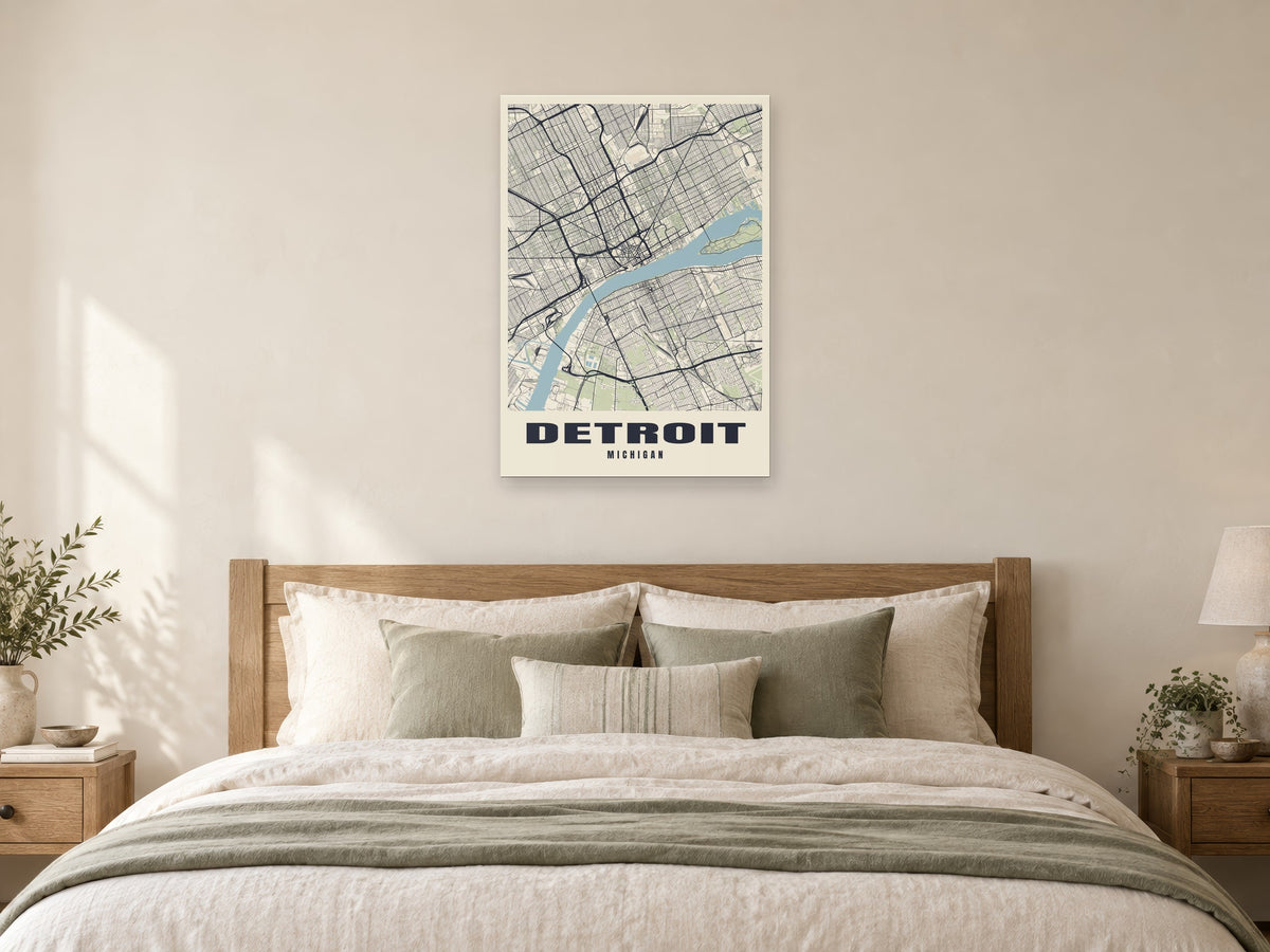 Detroit Street Map Poster at A1, as a poster, above a bed