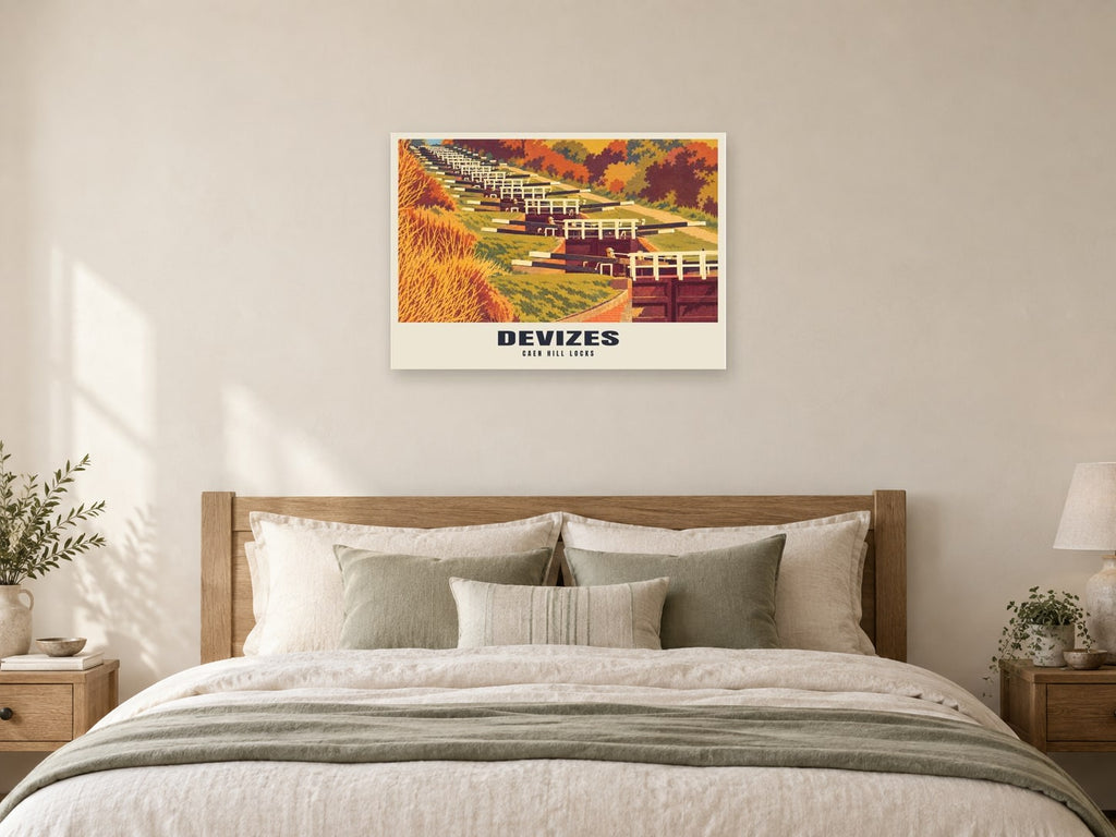Caen Hill Locks, Devizes Poster at A1, as a poster, above a bed