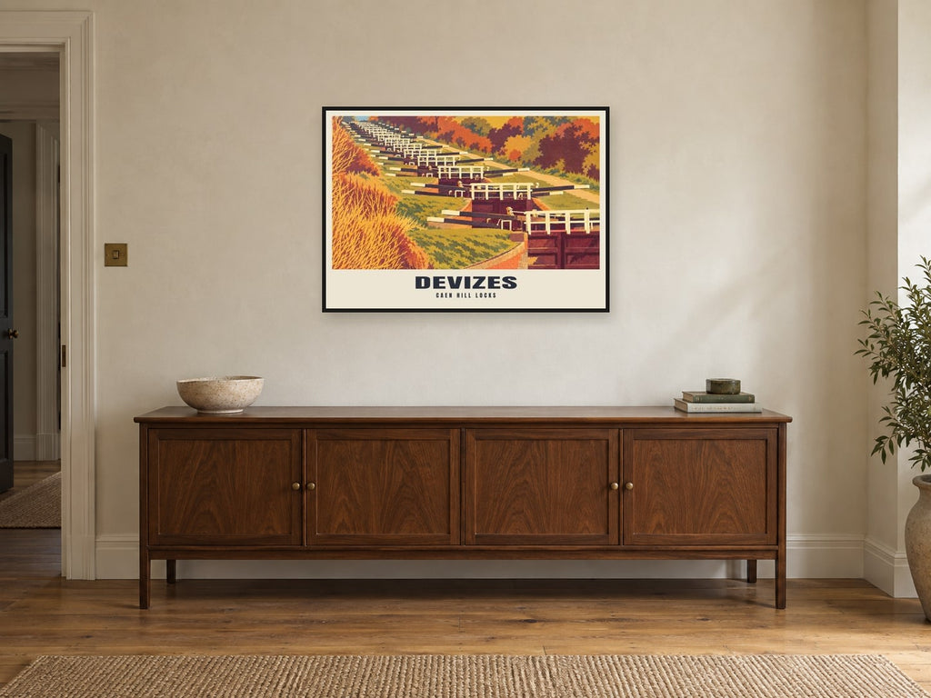 Caen Hill Locks, Devizes Poster at A1, in a black frame, above a sideboard