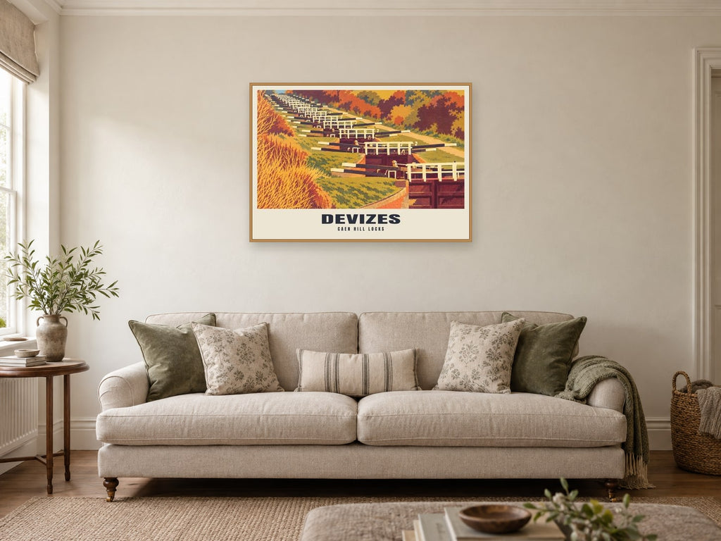 Caen Hill Locks, Devizes Poster at A1, in a natural wood frame, in a sitting room
