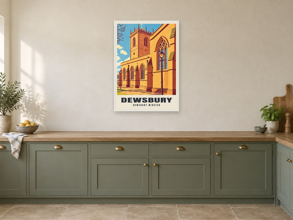Dewsbury Minster Poster at A1, in a white frame, in a kitchen