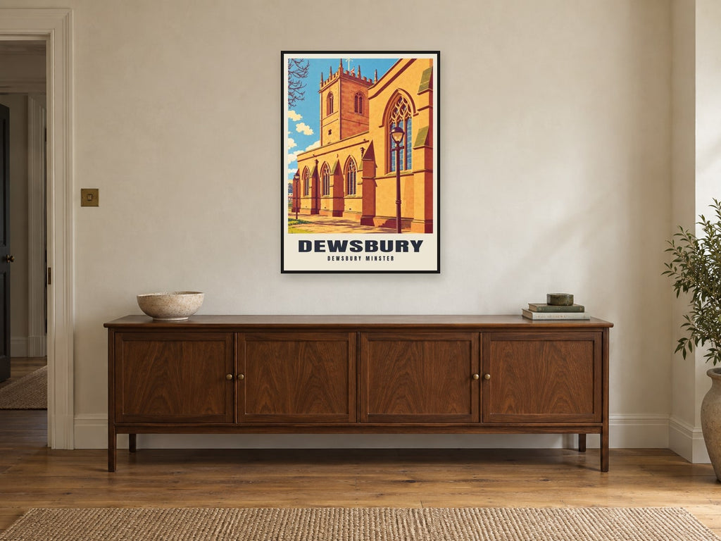 Dewsbury Minster Poster at A1, in a black frame, above a sideboard