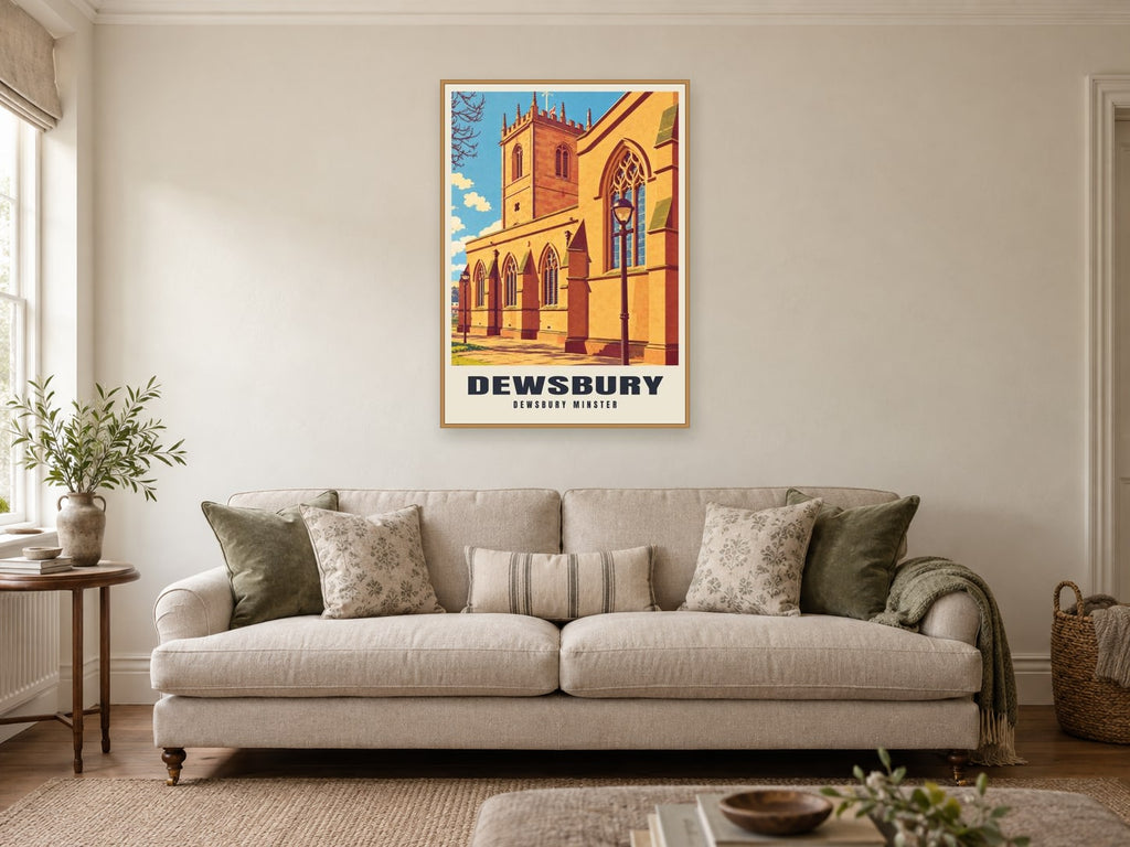 Dewsbury Minster Poster at A1, in a natural wood frame, in a sitting room