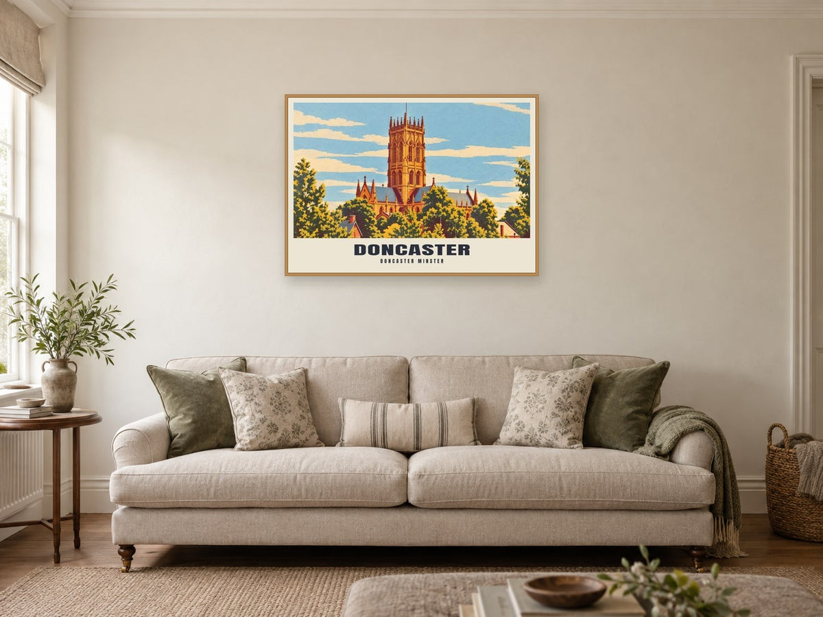 Doncaster Minster Poster at A1, in a natural wood frame, in a sitting room