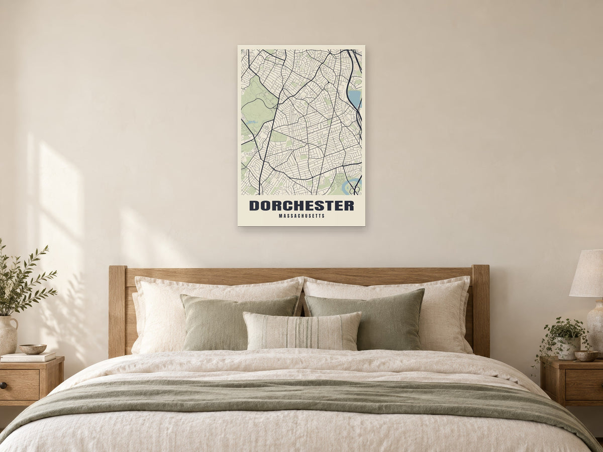 Dorchester Street Map Poster at A1, as a poster, above a bed