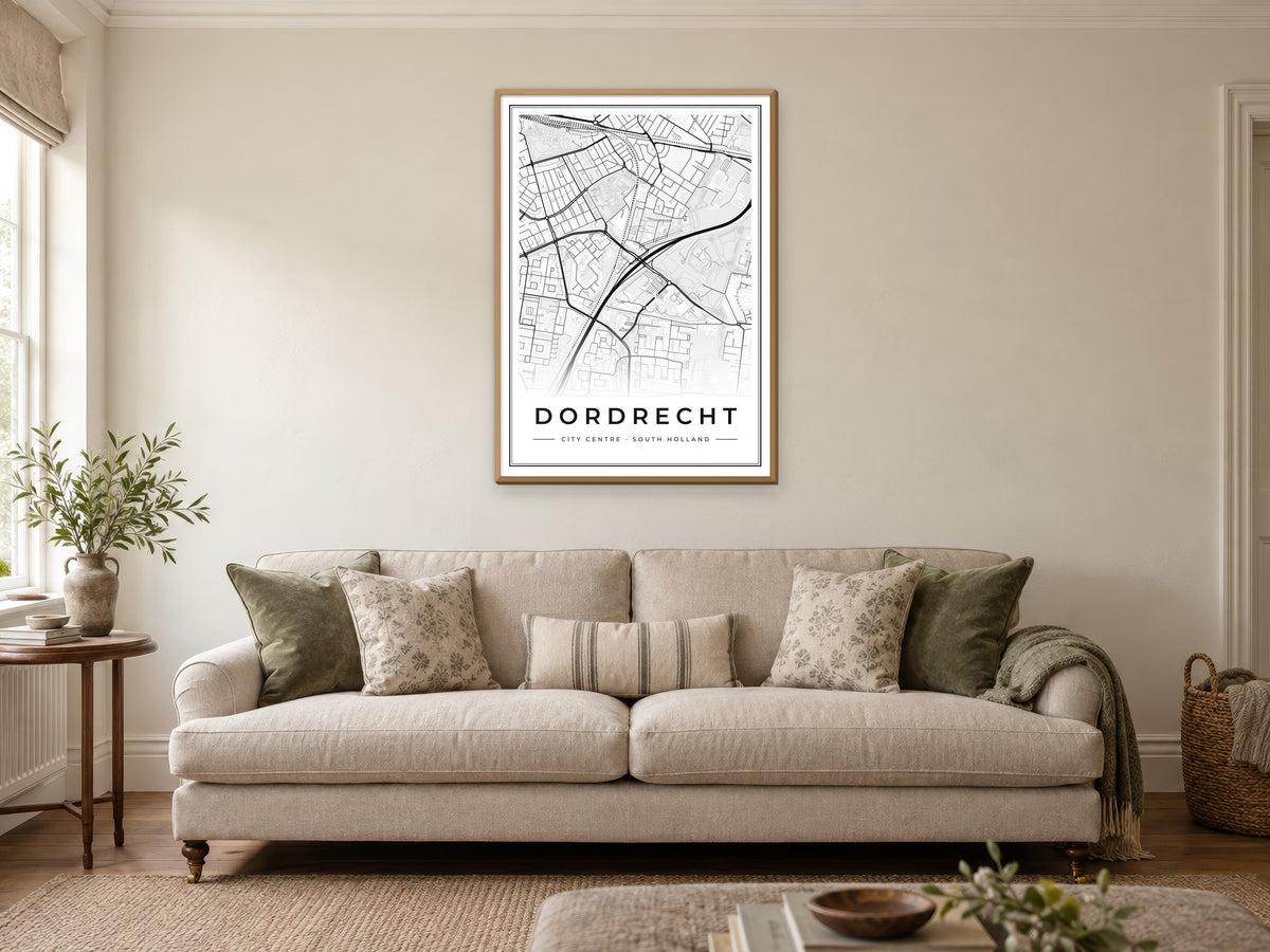 Dordrecht City Centre Street Map Poster at A1, in a natural wood frame, in a sitting room