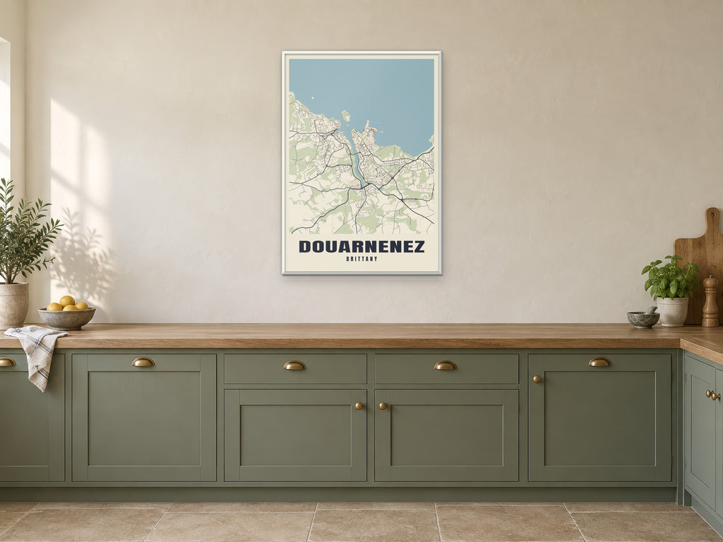 Douarnenez Street Map Poster at A1, in a white frame, in a kitchen